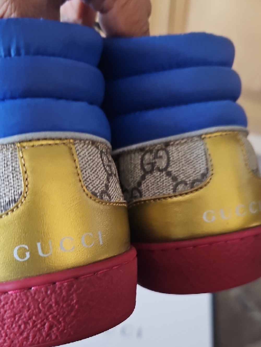 Gucci Men’s High-Top Sneakers in Light Gray Monogram with Blue & Red Accents - Picture 10 of 14